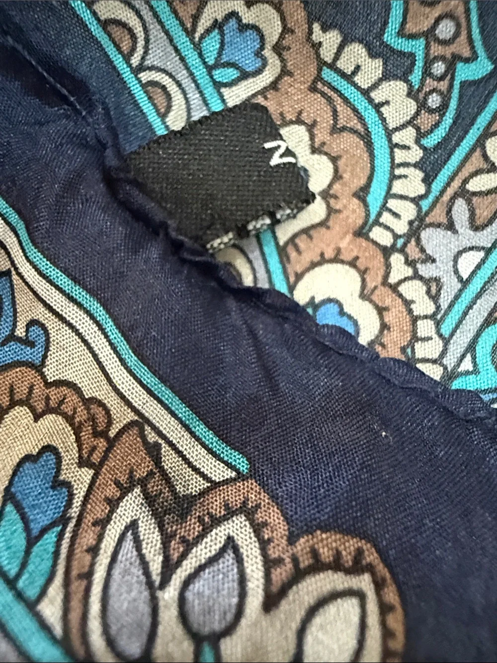 Zara Vintage Navy Paisley Floral Silk Scarf 🧣 with Teal and Tan Accents 25” Sq
